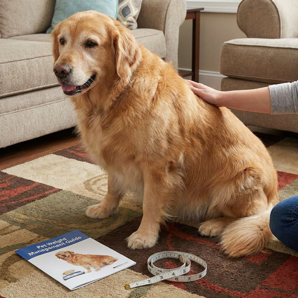 Hond op een weegschaal — moeite met