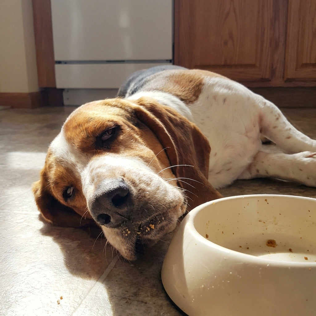 Hund liegt träge nach dem Fressen — Energieeinbruch und Verdauungsbelastung